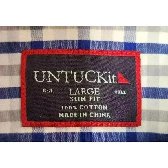 Size Large Slim Fit Untuckit Blue / Gray Plaid Button Down Shirt 100% Cotton - Picture 4 of 4